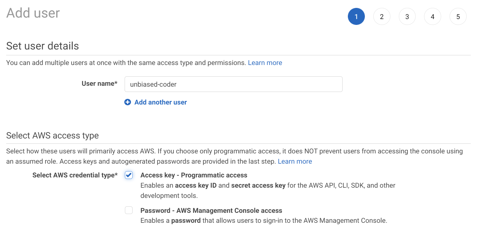How to add an AWS DynamoDB user - Add user screen