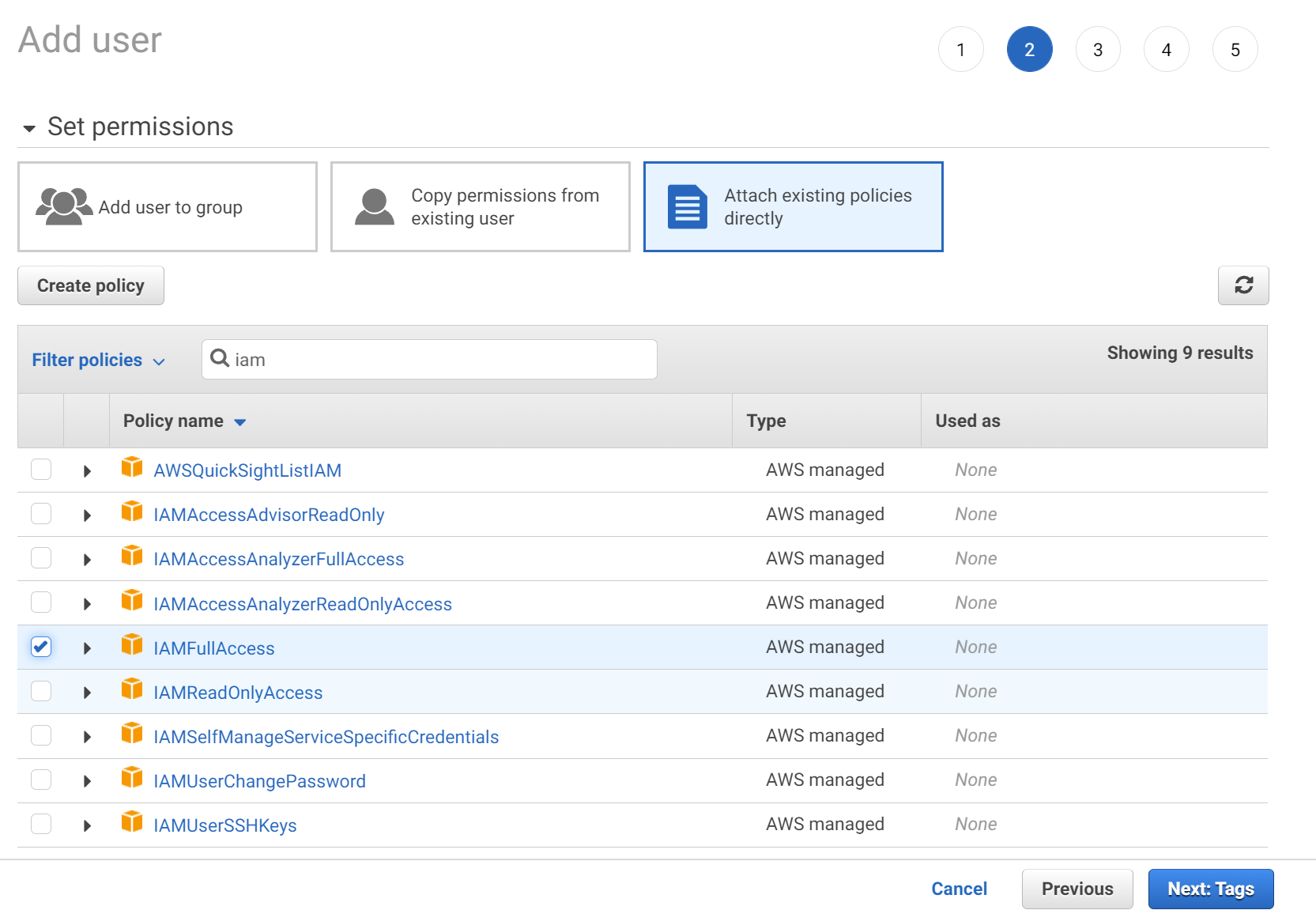 How to select AWS policy - IAM Service